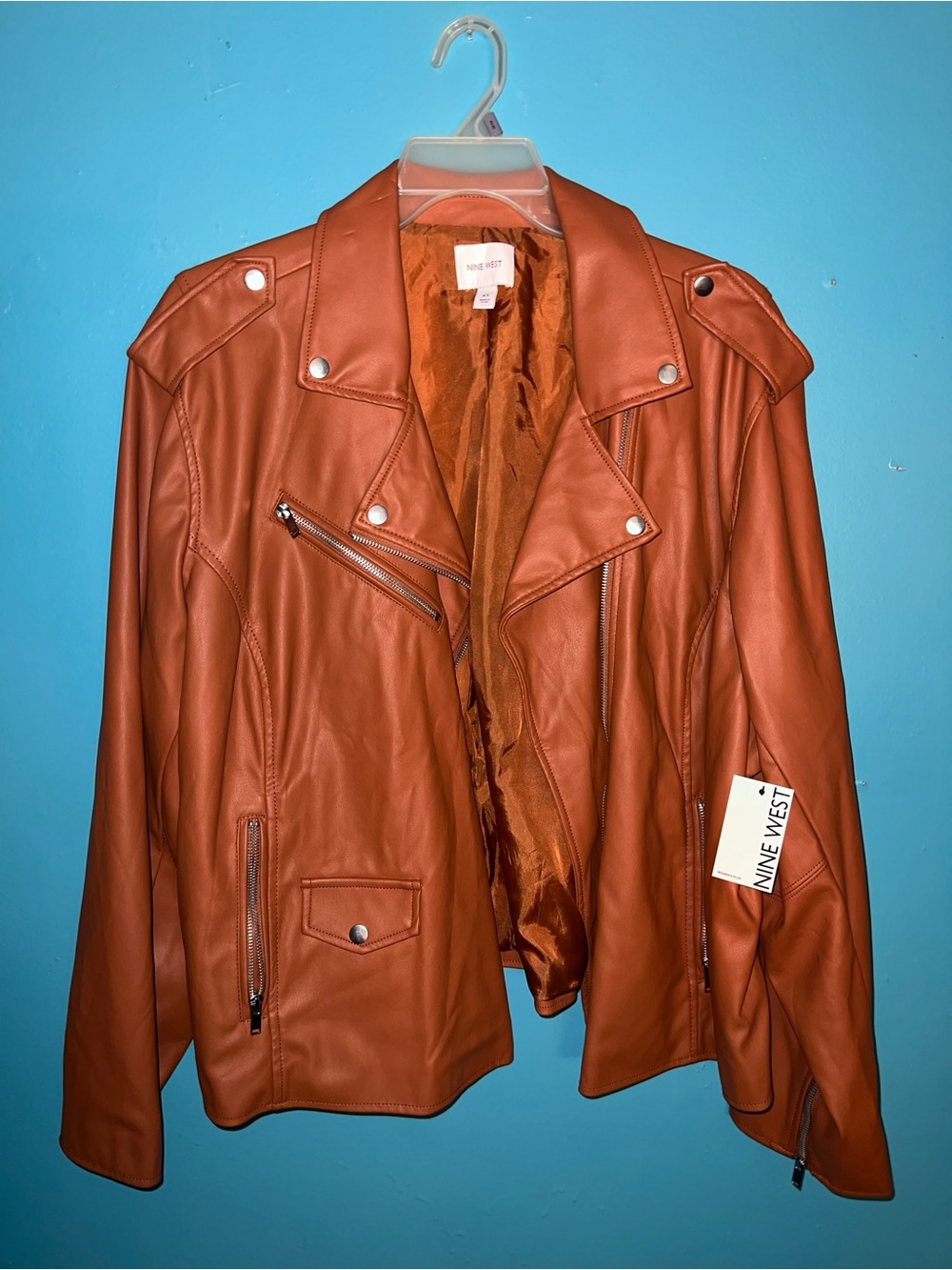 Nine West Rust Brown Faux Leather Moto Jacket